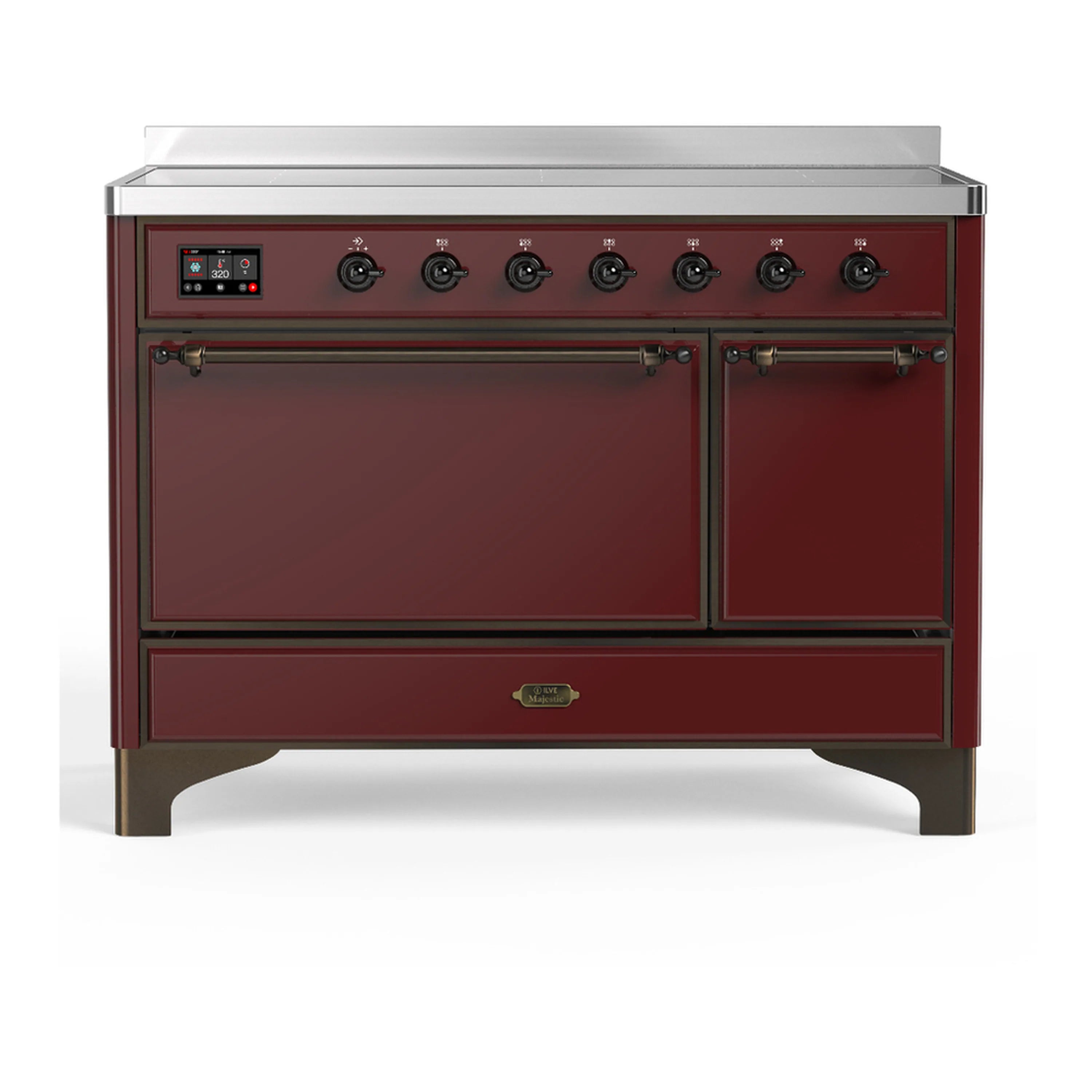 Burgundy induction range with solid electric oven door and stainless trim, front view