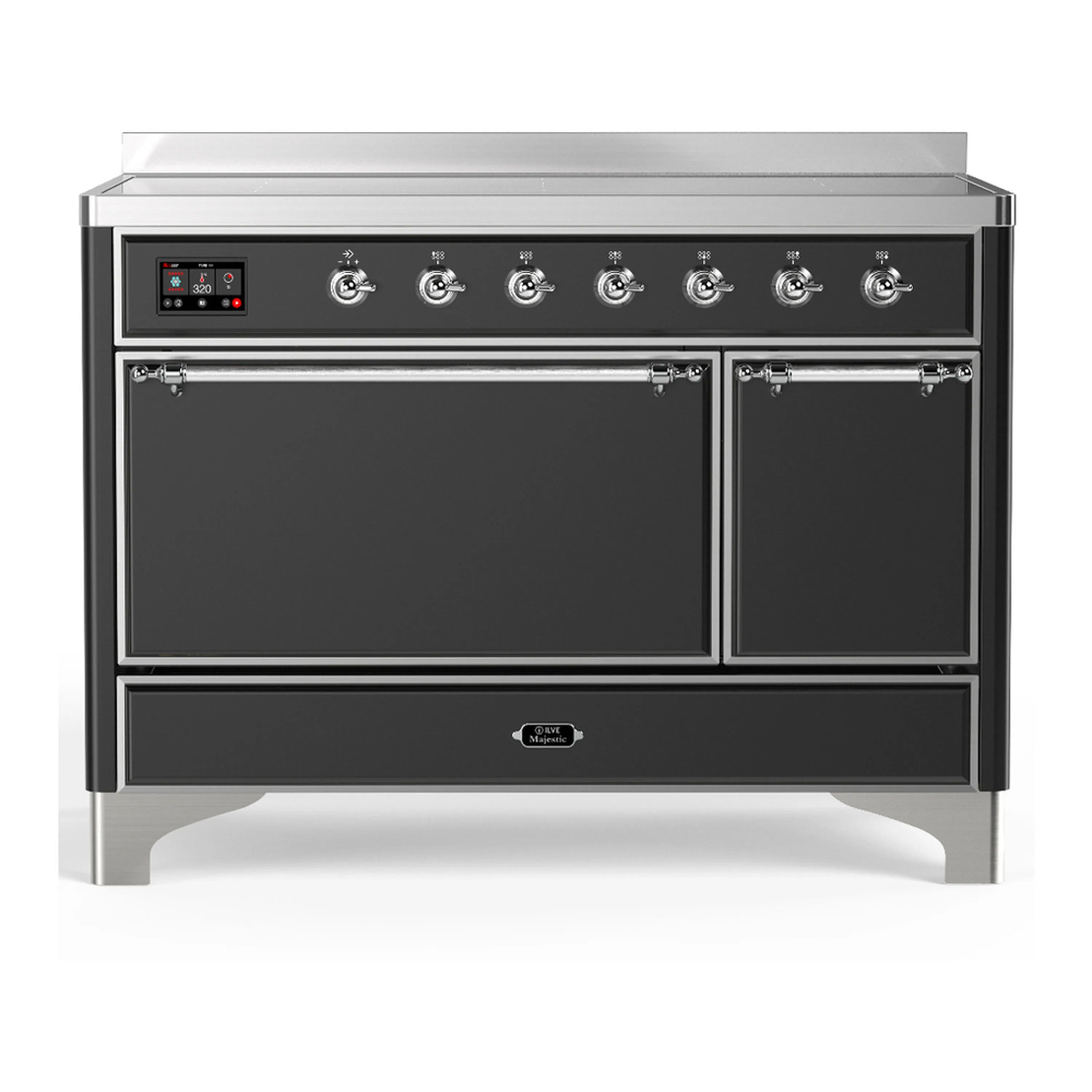 ILVE induction range with matte graphite oven doors and chrome-trim control panel