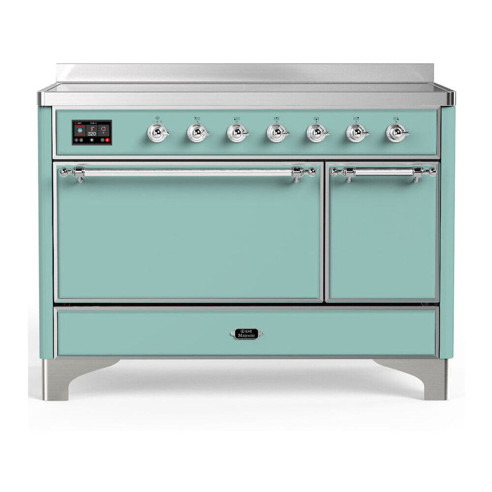 ILVE Majestic III 48-Inch Induction Range with 6 Induction Elements and Solid Door Electric Oven in Mediterranean Mint with Chrome Trim (UMIB48QNR3MMC)
