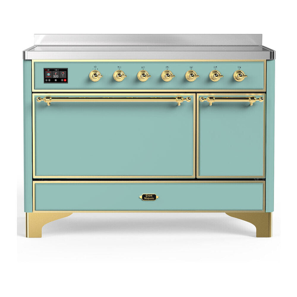 ILVE Majestic III 48-Inch Induction Range with 6 Induction Elements and Solid Door Electric Oven in Mediterranean Mint with Brass Trim (UMIB48QNR3MMG)