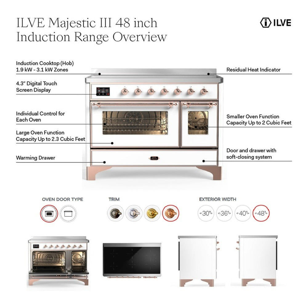 ILVE Majestic III 48-Inch Induction Range with 6 Induction Elements and Solid Door Electric Oven in Mediterranean Mint with Copper Trim (UMIB48QNR3MMP)