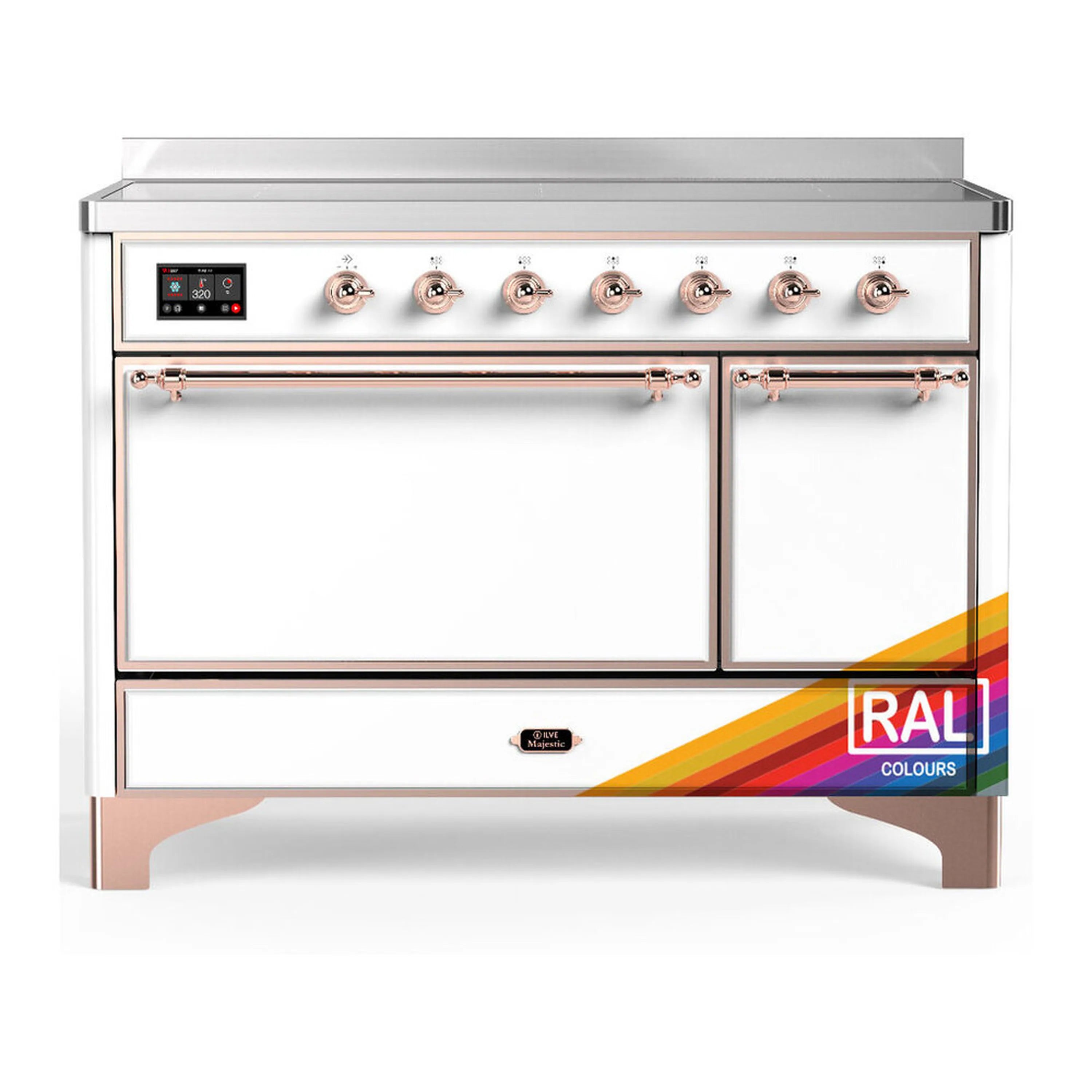 ILVE induction range with copper-trim control panel and two oven doors