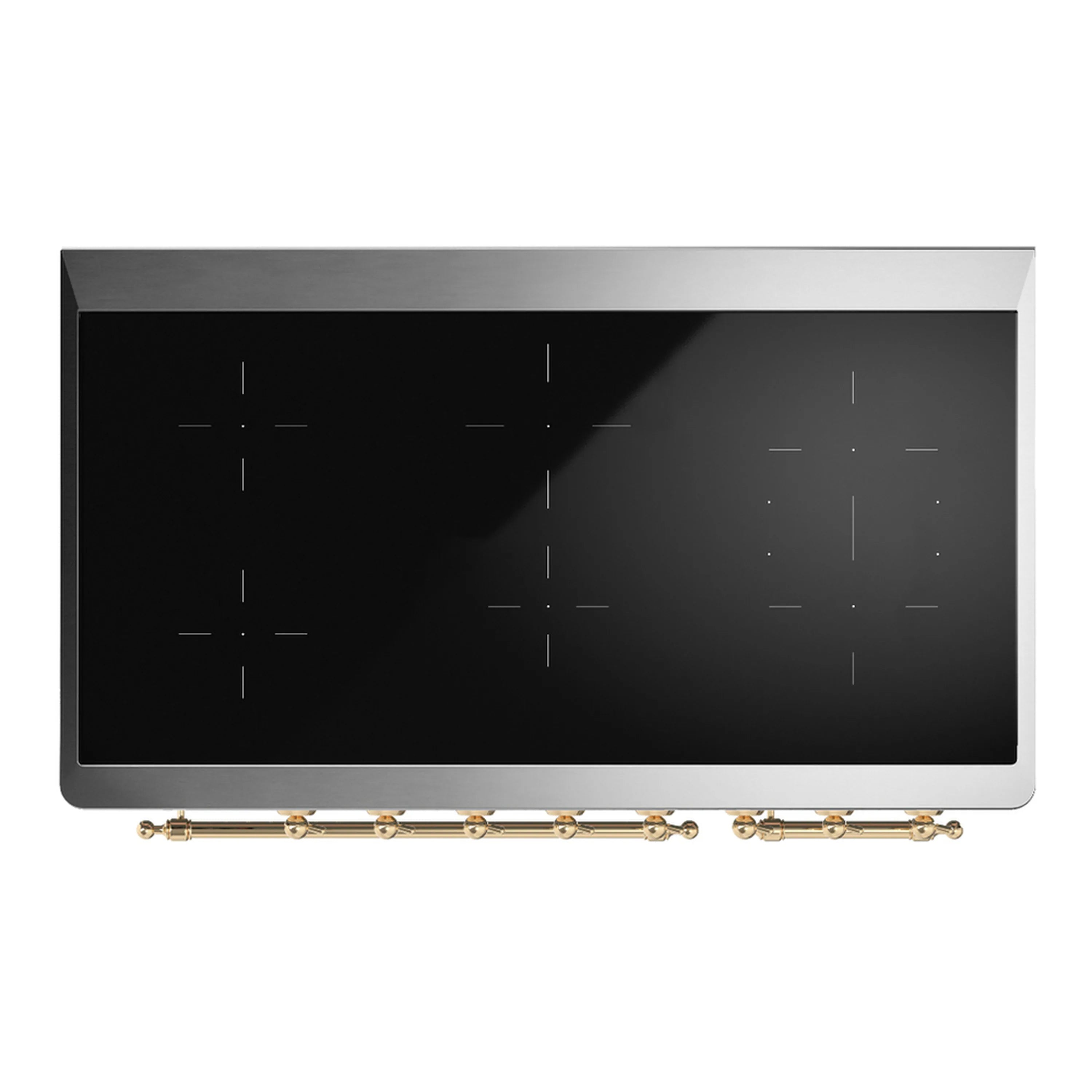 Glass cooktop panel with indicator lines and brass-trimmed control knobs