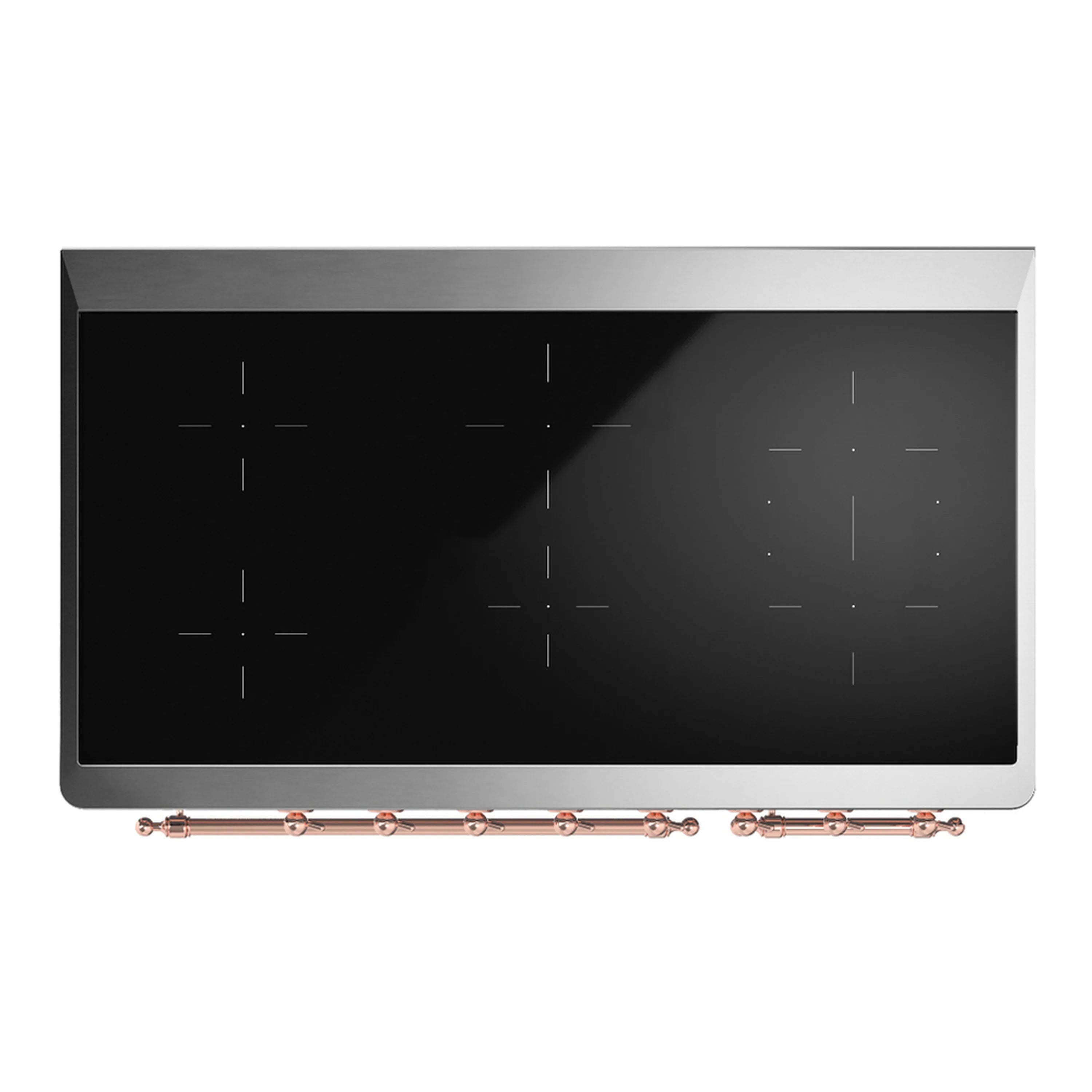 Stainless steel induction cooktop with dark glass surface and copper-trimmed control knobs