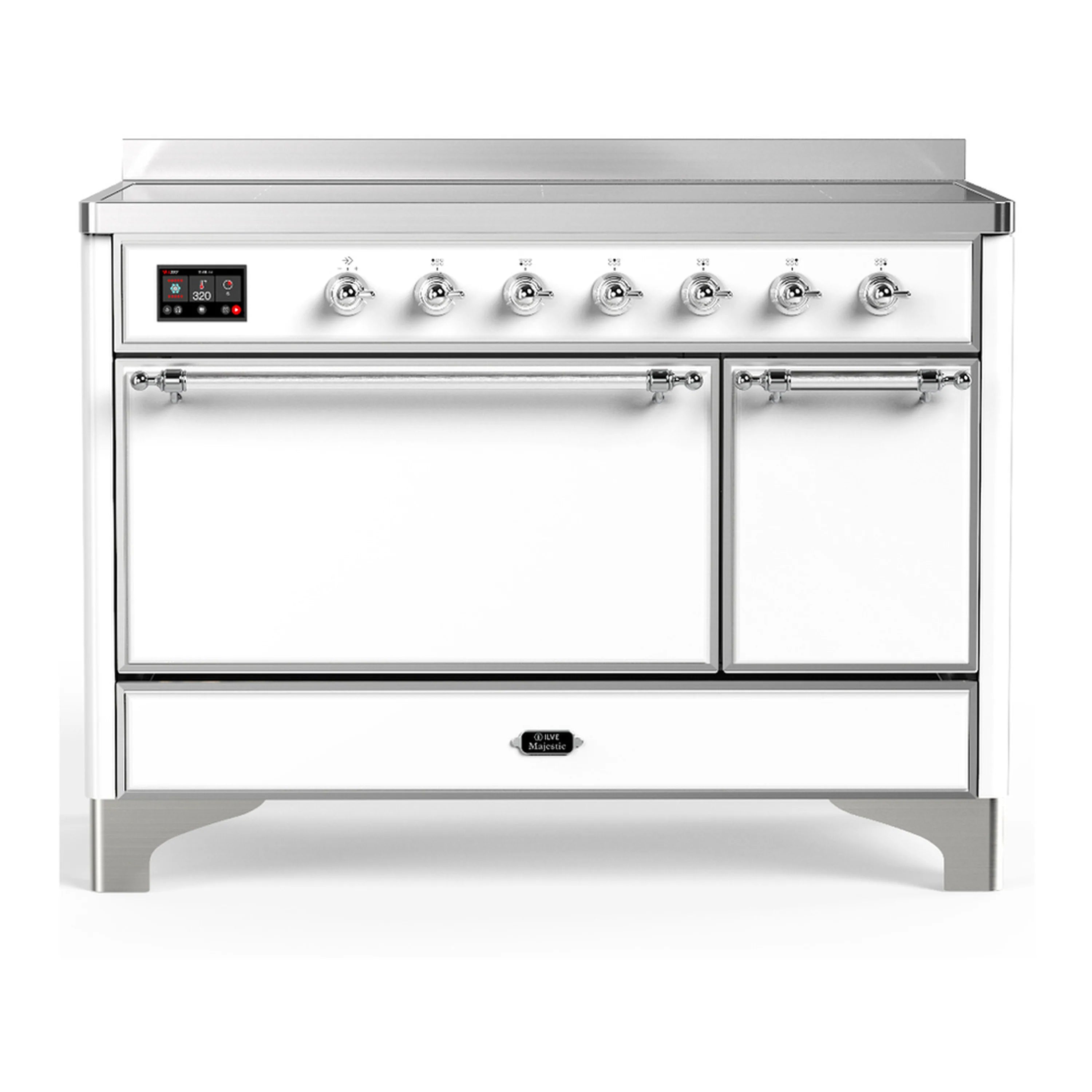 White 48-inch induction range with chrome trim, control panel, and solid-door electric oven