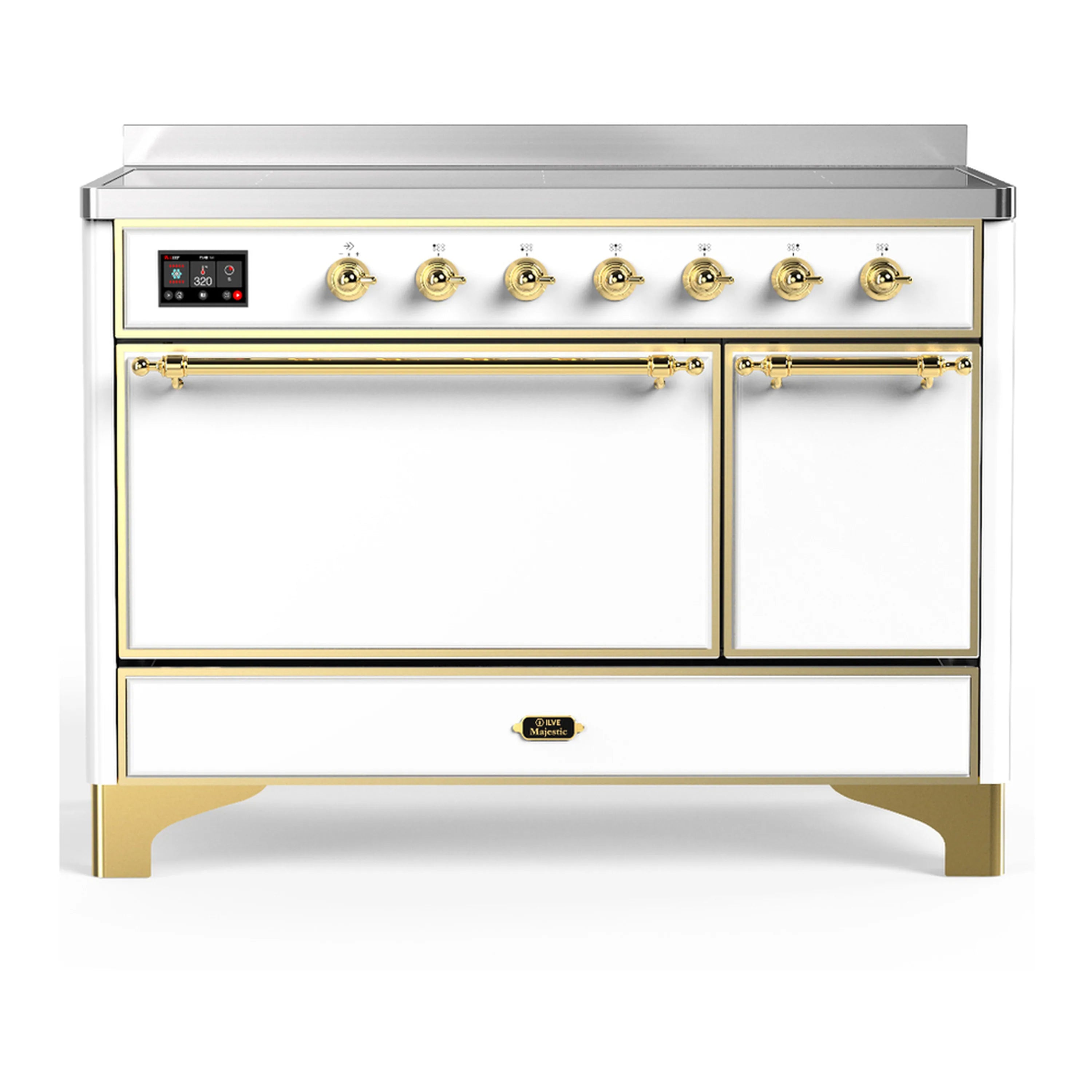 White induction range with solid oven door, brass-trimmed knobs, and control panel.