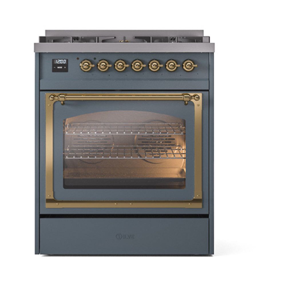 Blue grey oven range with triple glass door, brass trim, and control knobs across