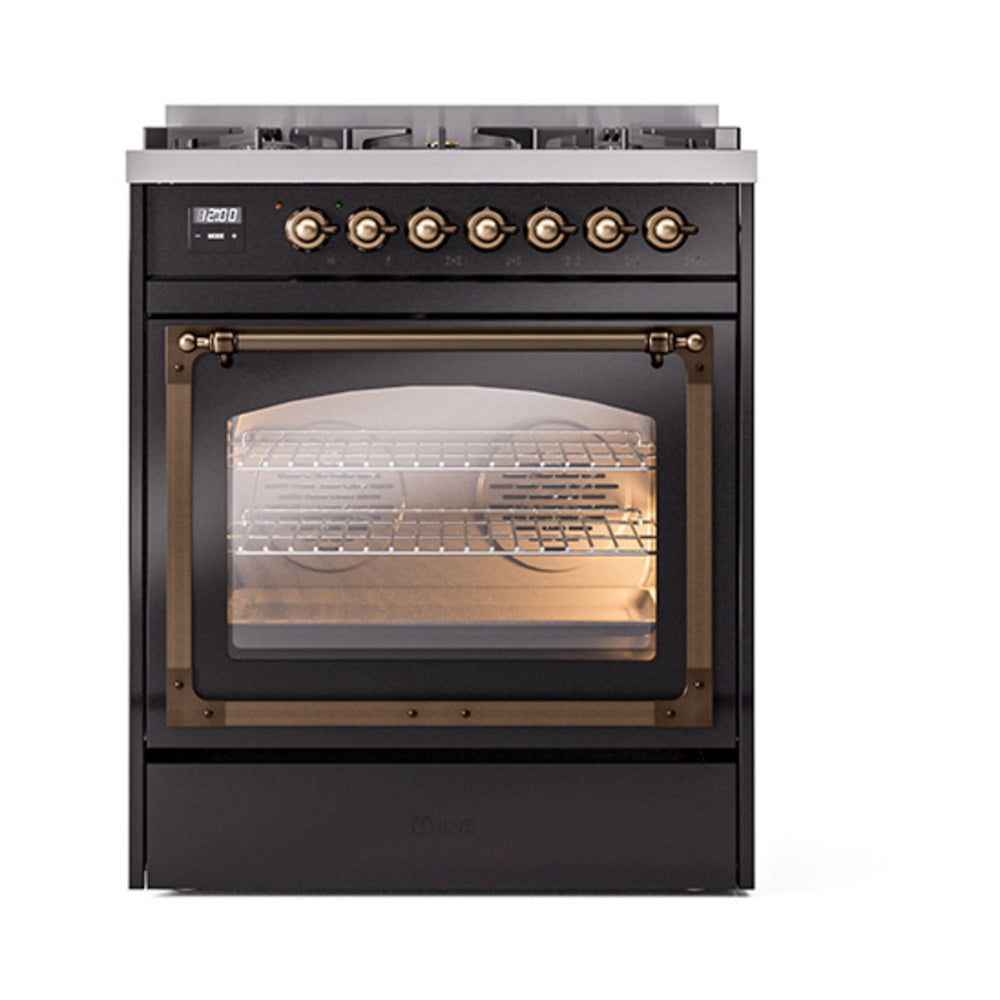 Glossy black ILVE dual fuel range front with bronze knobs and lit triple glass oven window