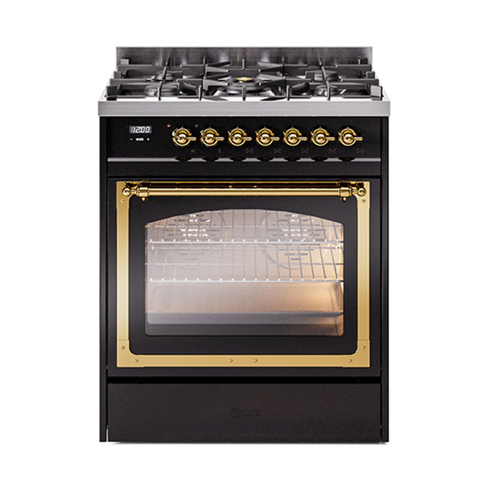 Glossy black ILVE dual fuel gas range with brass trim and triple glass oven door