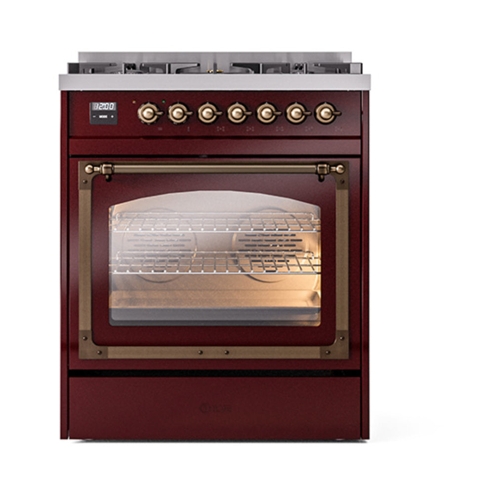 Burgundy oven door with triple glass window and bronze gas control knobs