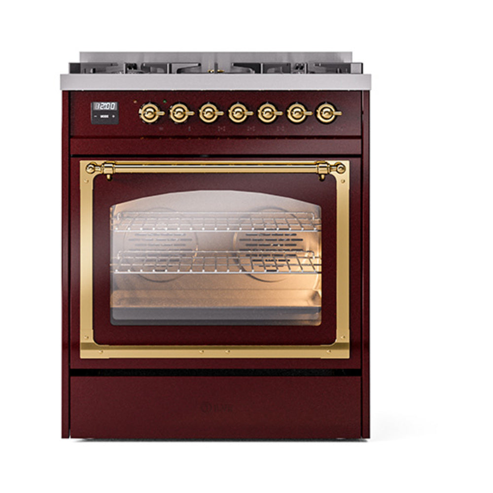 Burgundy ILVE range with brass-trimmed triple-glass oven door and control knobs above