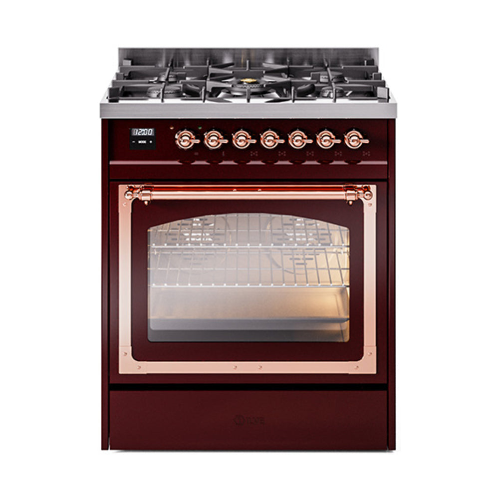 Burgundy dual-fuel gas range with triple glass oven door and copper trim detailing