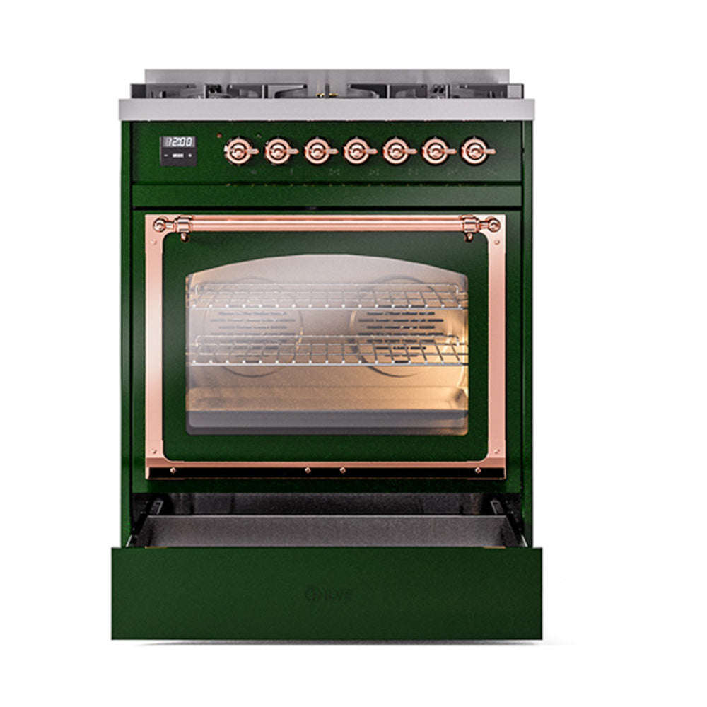Emerald green dual fuel gas range with open triple glass oven door and copper trim