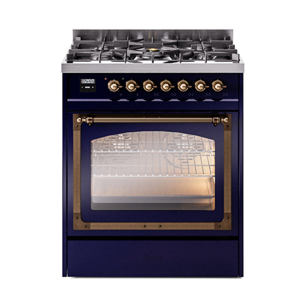 Midnight blue 30-inch dual fuel range with bronze-trimmed triple glass oven door