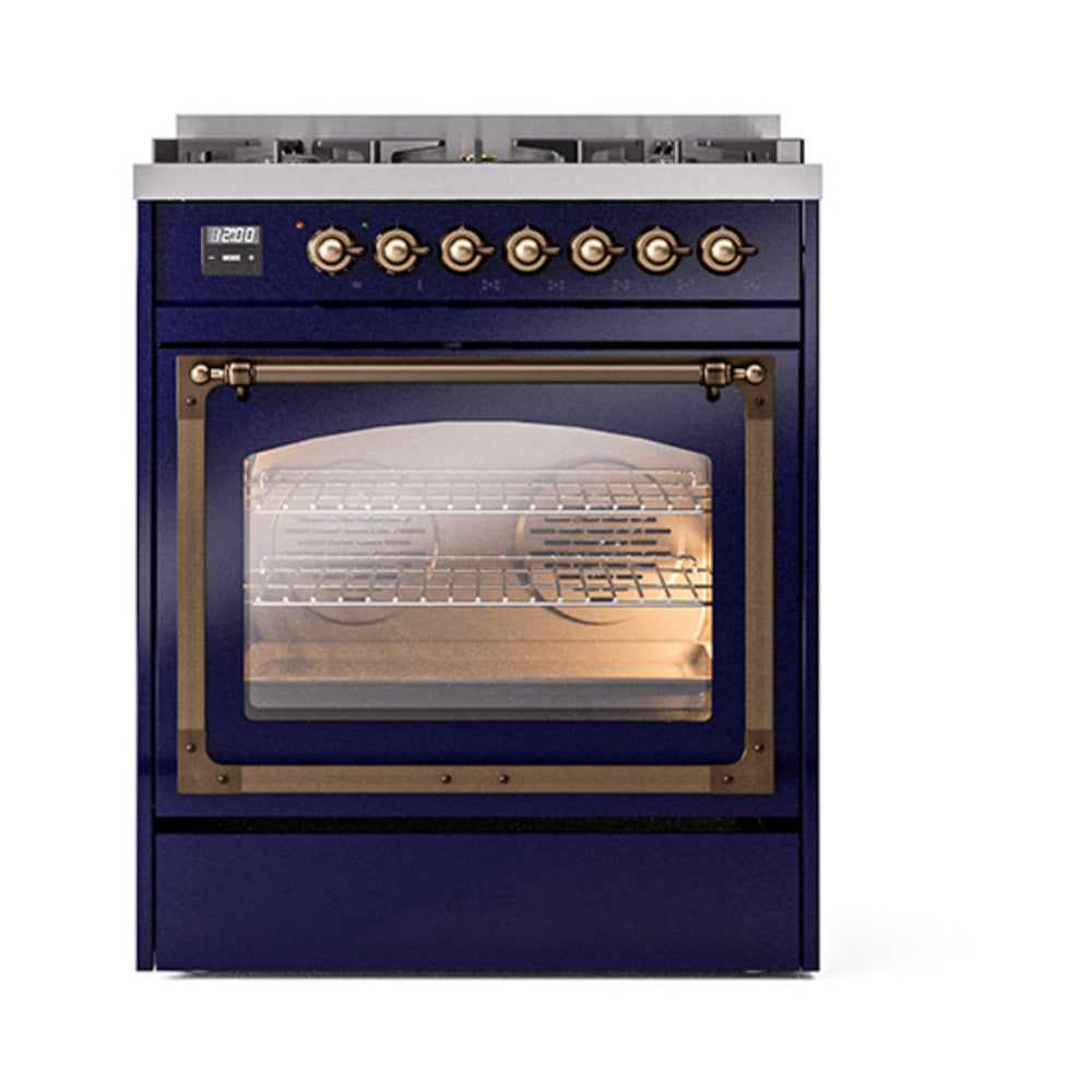 Midnight blue dual fuel range with bronze control knobs and triple glass oven window