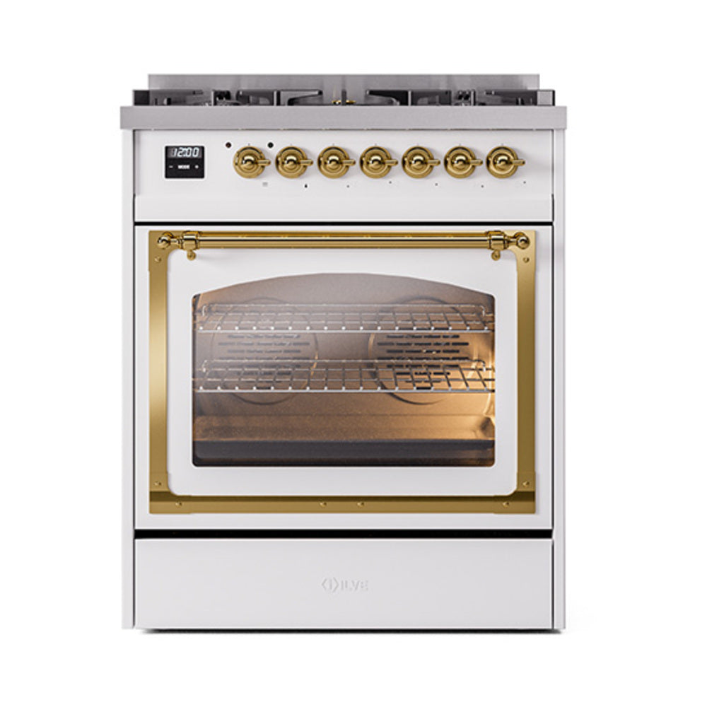 Propane dual-fuel gas range with open oven door, brass trim, and multiple front control knobs