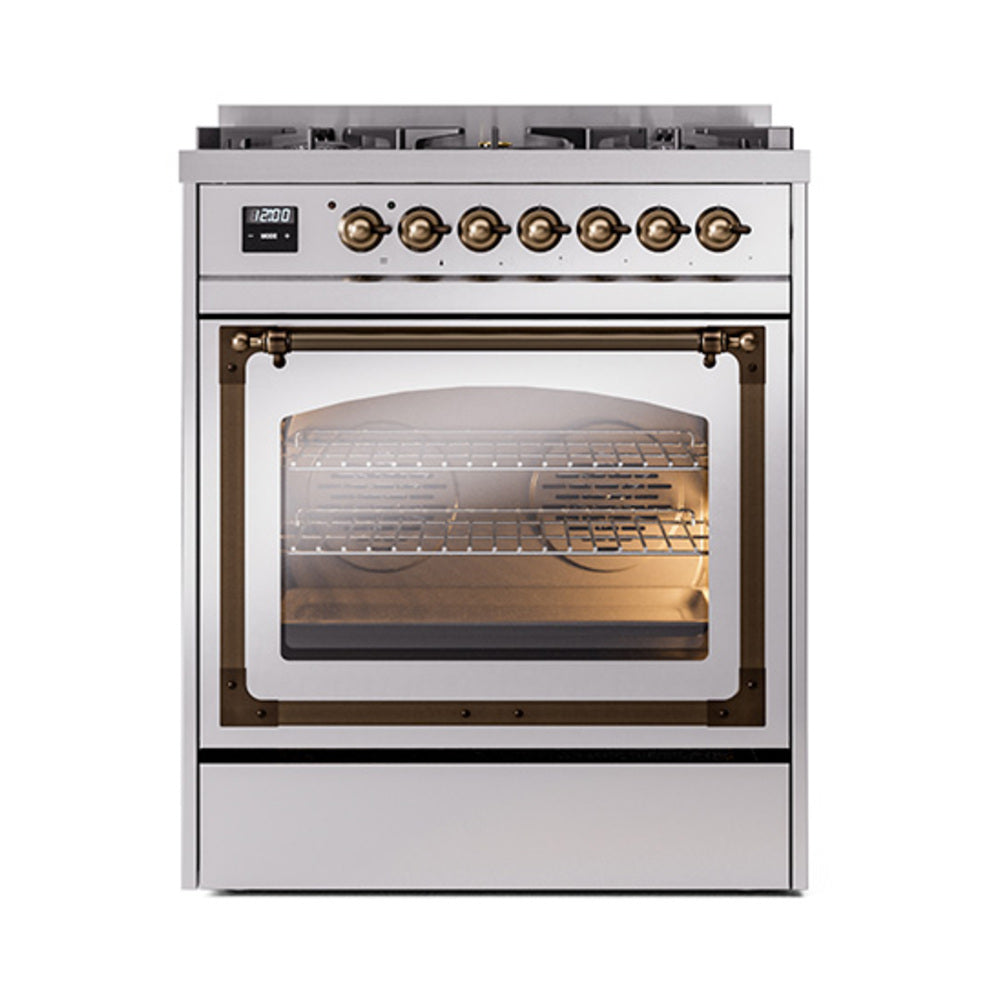 Stainless steel dual fuel range with bronze control knobs and oven door window