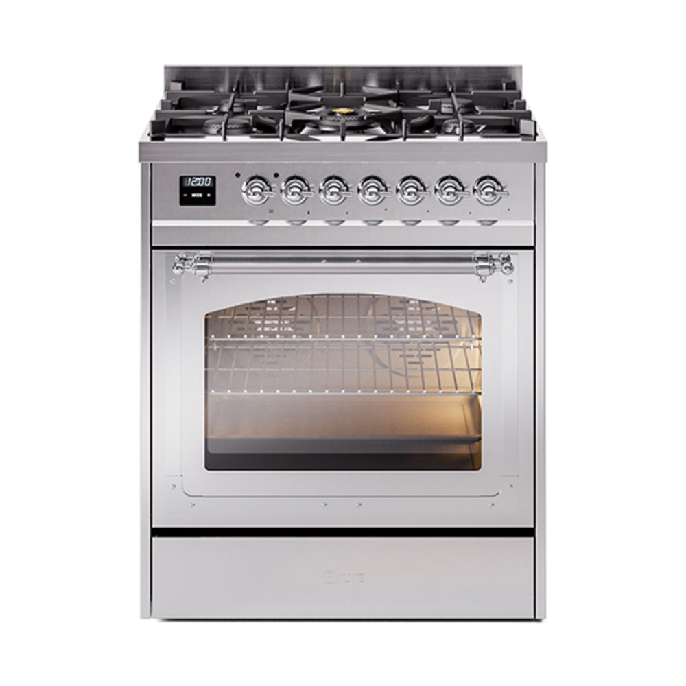 Stainless dual fuel gas range with triple-glass oven door and chrome control knobs