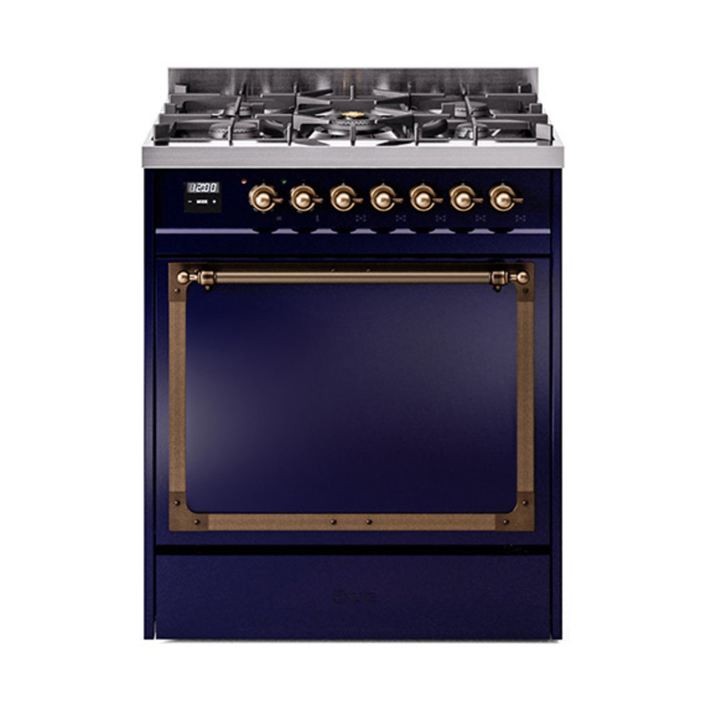 Midnight blue dual fuel range with solid oven door and bronze-trim control knobs