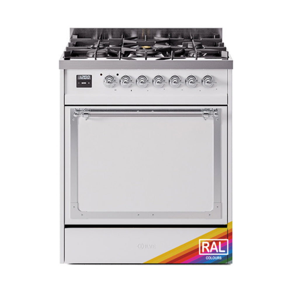 Dual fuel gas range with closed oven door, control panel, and RAL color label