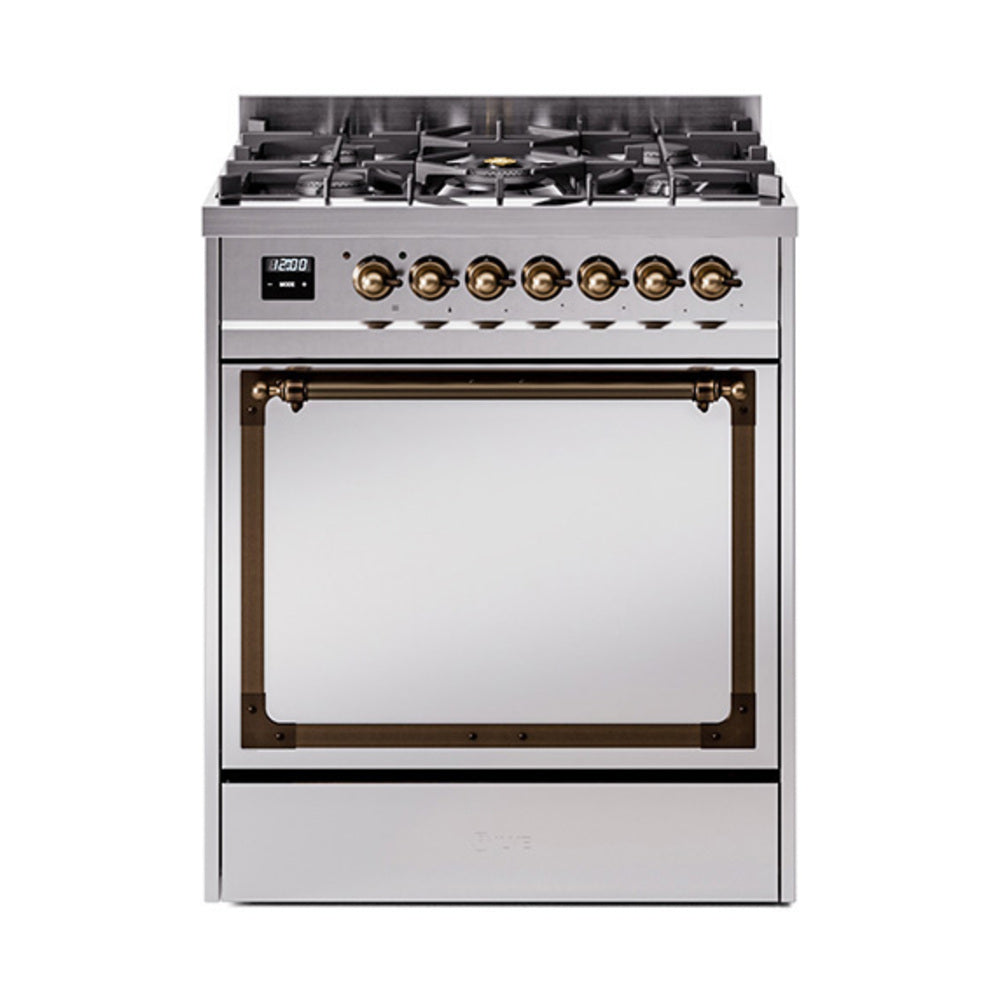 30-inch dual fuel range with solid stainless door and bronze trim