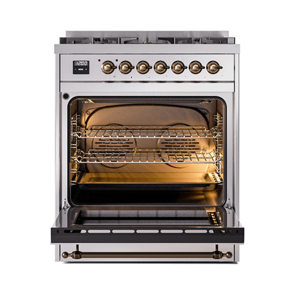 Dual fuel gas range oven door open, stainless interior with racks