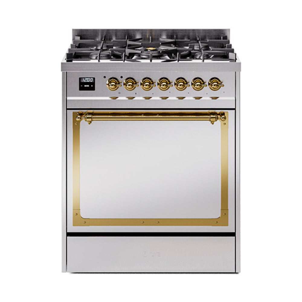 Stainless steel dual fuel gas range with brass trim and solid oven door
