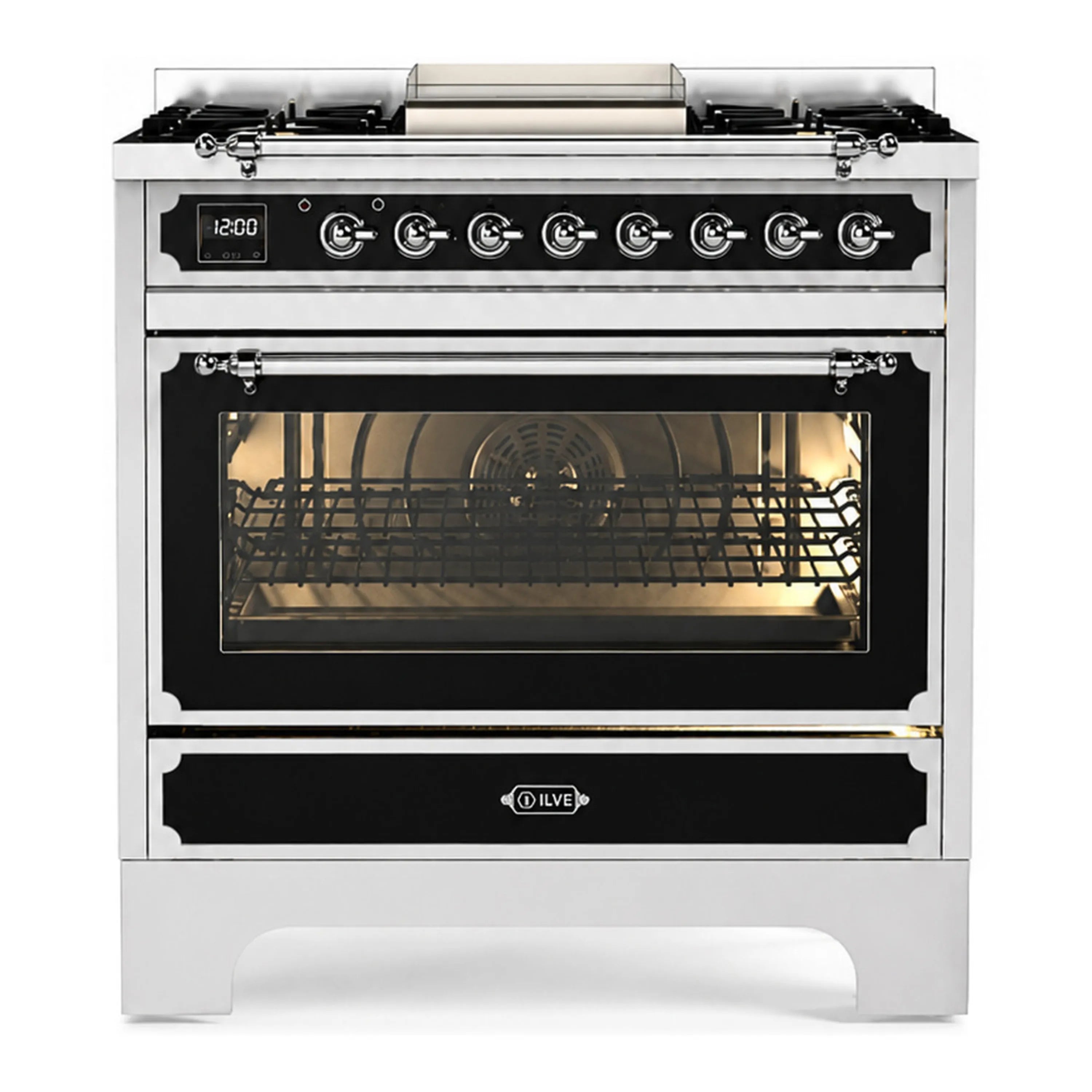 Graphite matte dual fuel range, open oven with rack visible and control knobs
