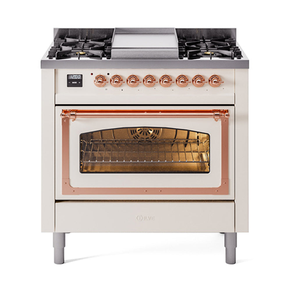 Antique white gas dual-fuel range with copper-trim oven window and control knobs
