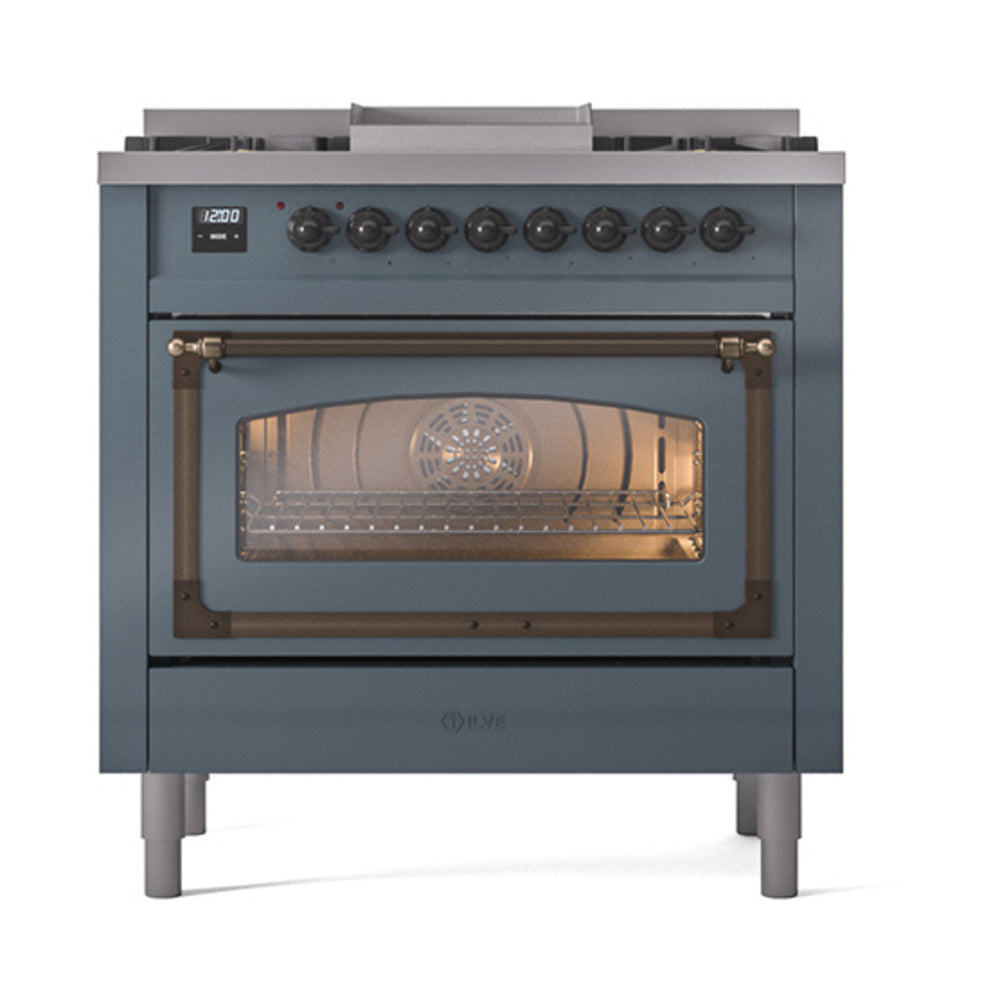 Blue grey range oven with glowing interior visible through glass door window