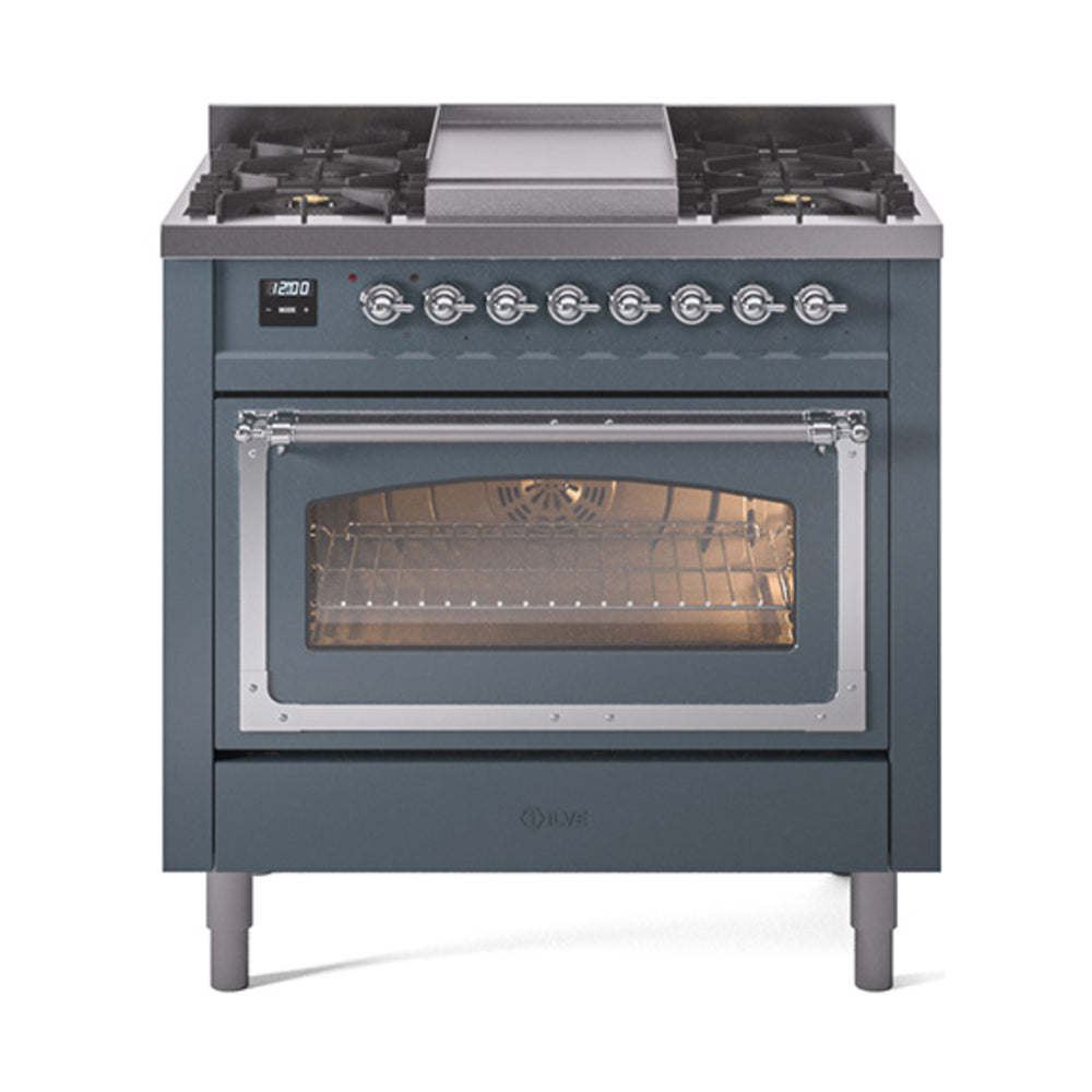 Blue grey dual-fuel gas range with open oven and triple glass door