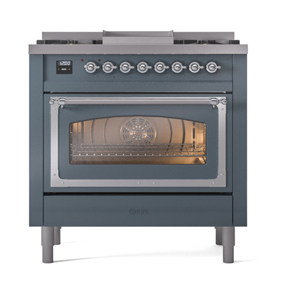 Blue grey dual-fuel gas range front view, lit oven window and control knobs