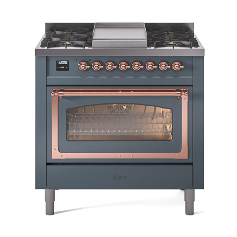 Blue grey dual-fuel gas range with copper-trim knobs and triple glass oven door