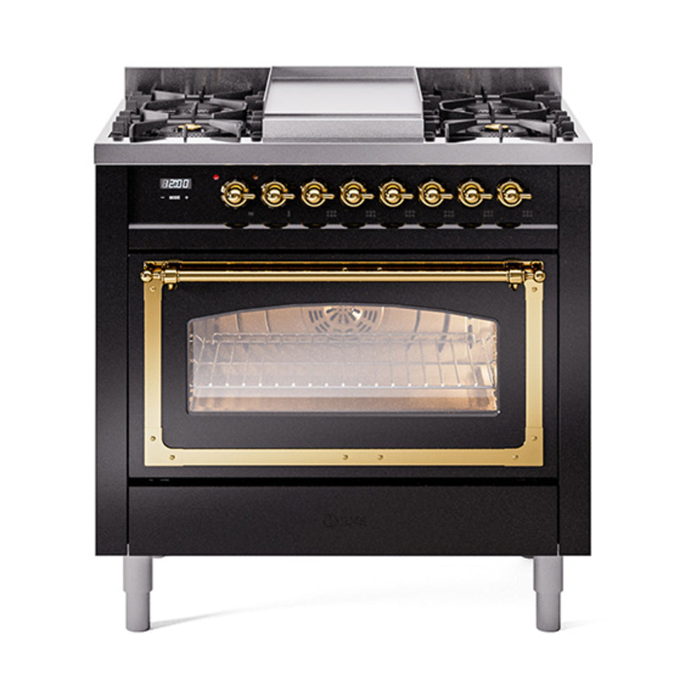 Glossy black 36-inch dual fuel gas range with brass-trimmed oven door window
