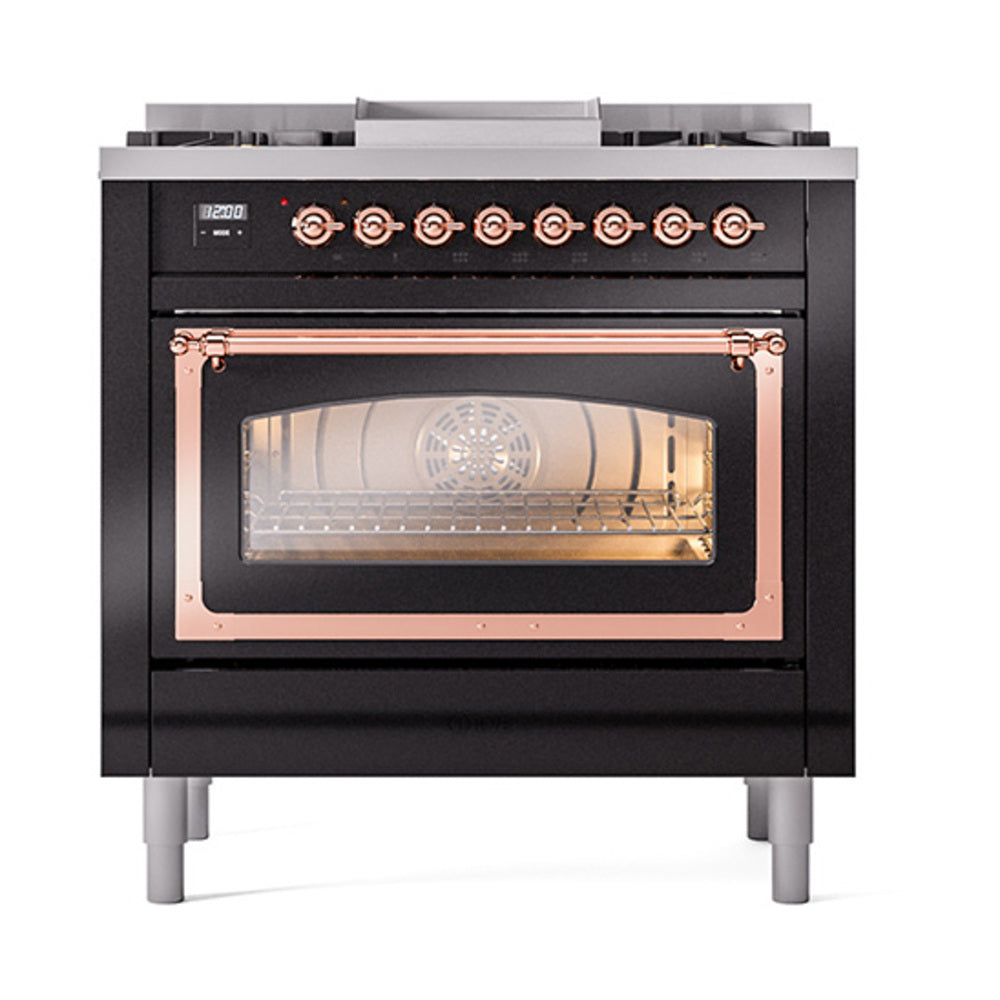 ILVE glossy black dual fuel range with illuminated oven window and copper-trim door