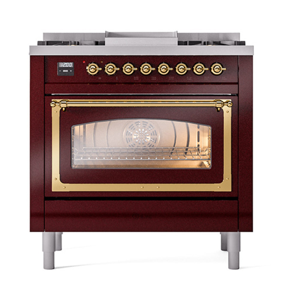 Burgundy gas range with brass trim, oven window showing interior and front control panel.