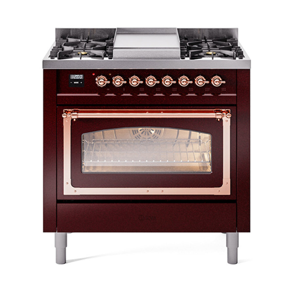 Burgundy ILVE dual-fuel gas range with copper-trimmed triple glass oven door