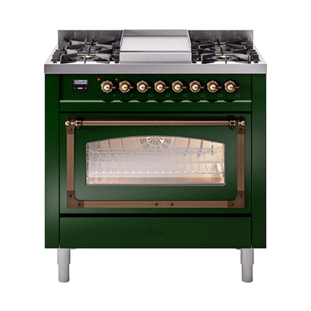 Emerald green dual fuel gas range with triple glass door and bronze-trim oven window