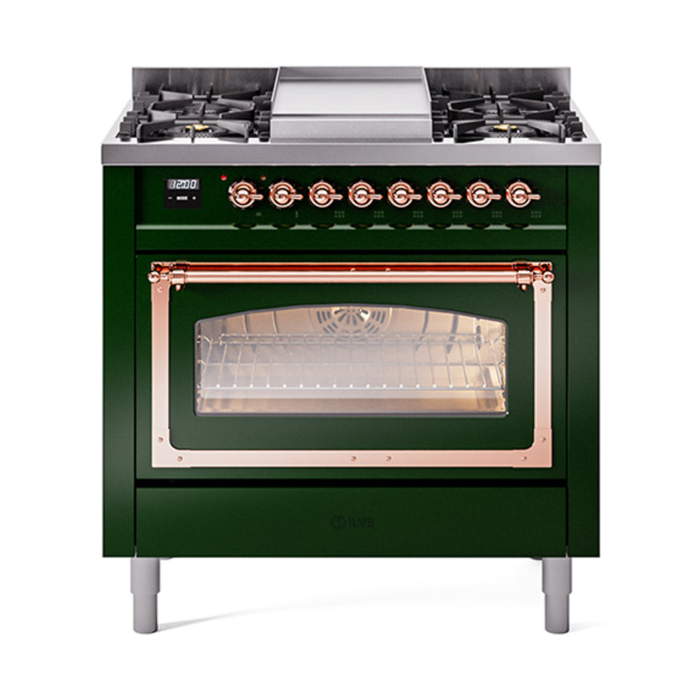Emerald green dual-fuel gas range with copper-trimmed glass oven door, front view