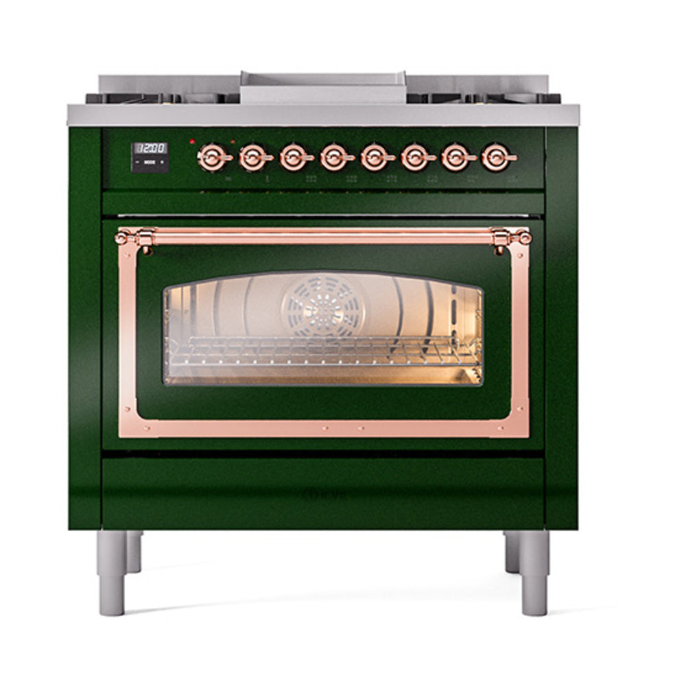 Emerald green range with copper trim and illuminated oven interior through glass