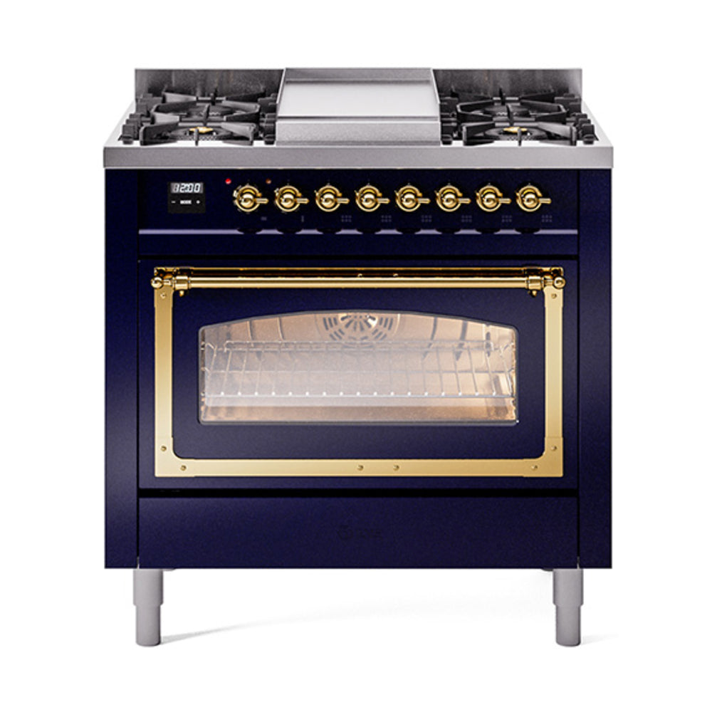 Midnight blue dual fuel gas range with brass-trimmed triple glass oven door