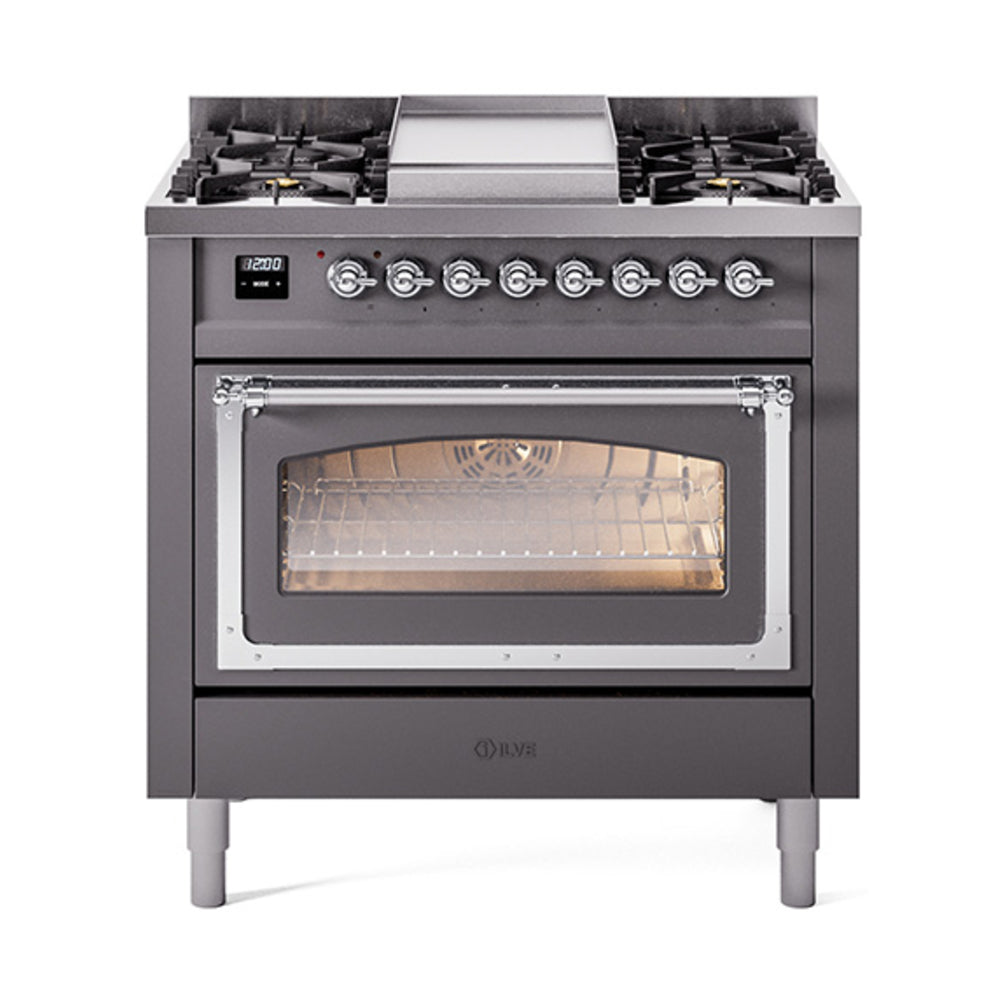 Matte graphite gas dual-fuel range, triple-glass oven door with chrome trim