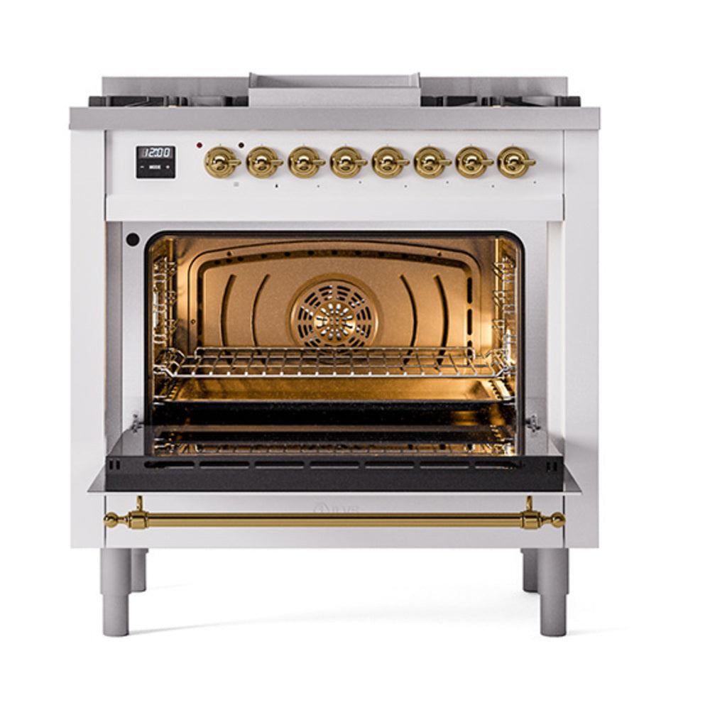 ILVE dual-fuel gas range with open oven door showing interior and burner controls