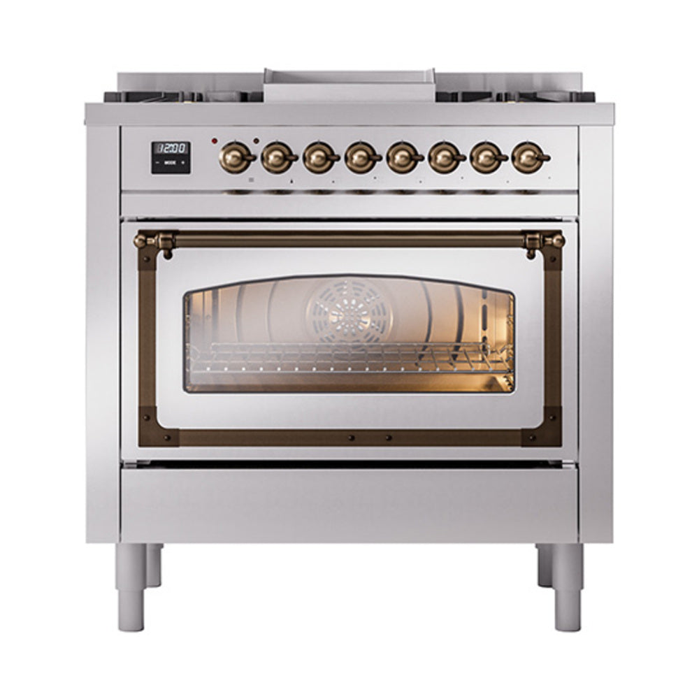 Stainless steel dual fuel range with bronze-trim oven door and illuminated oven interior