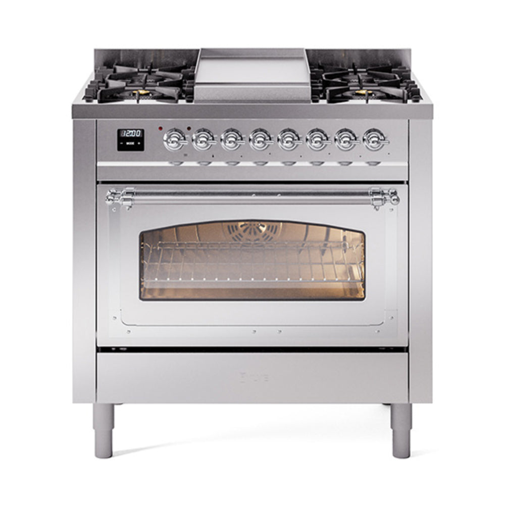 Stainless steel gas dual fuel range with control knobs and oven window