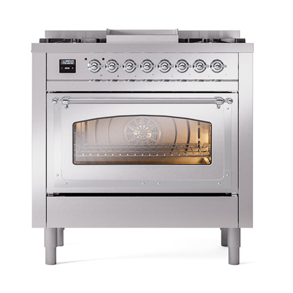 Stainless steel dual fuel range with glass oven door and chrome-trimmed control knobs