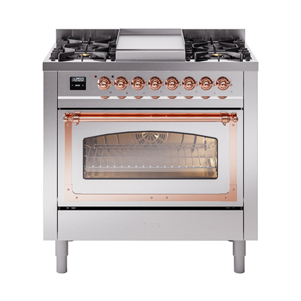 Stainless steel dual fuel range with copper trim and triple-glass oven door