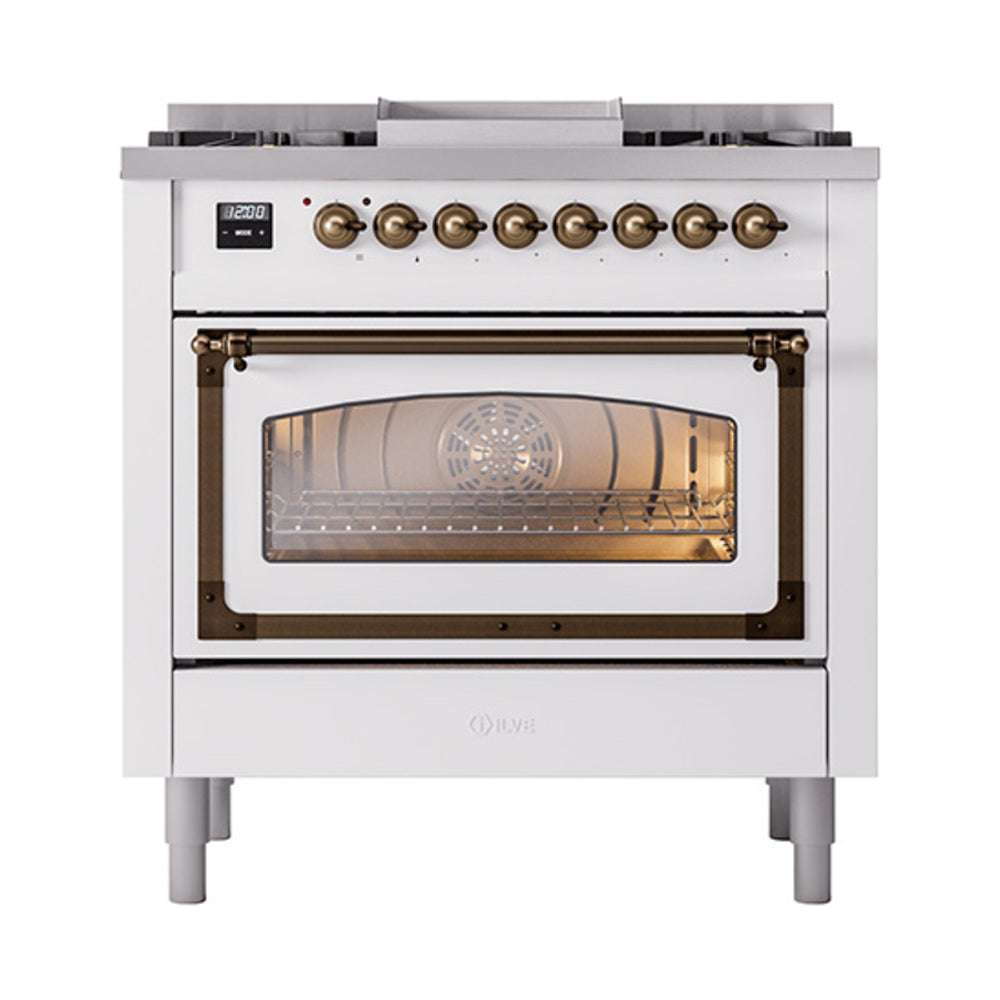 White dual fuel gas range, open oven door with bronze-framed triple glass window