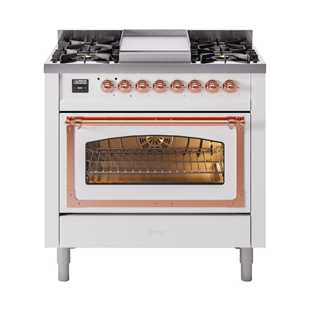 White dual fuel range with copper-trim triple glass oven door and copper control knobs