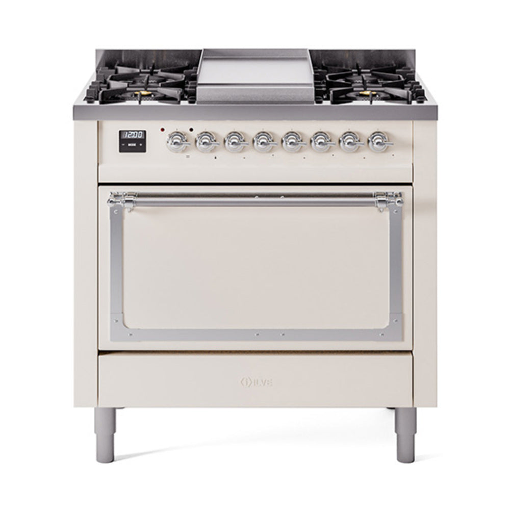 36-inch dual fuel gas range with solid oven door, antique white and chrome trim